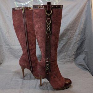 Pied Fin Bordeaux Suede and Patent Leather Knee High Stiletto Boots Wmn Sz 36.5